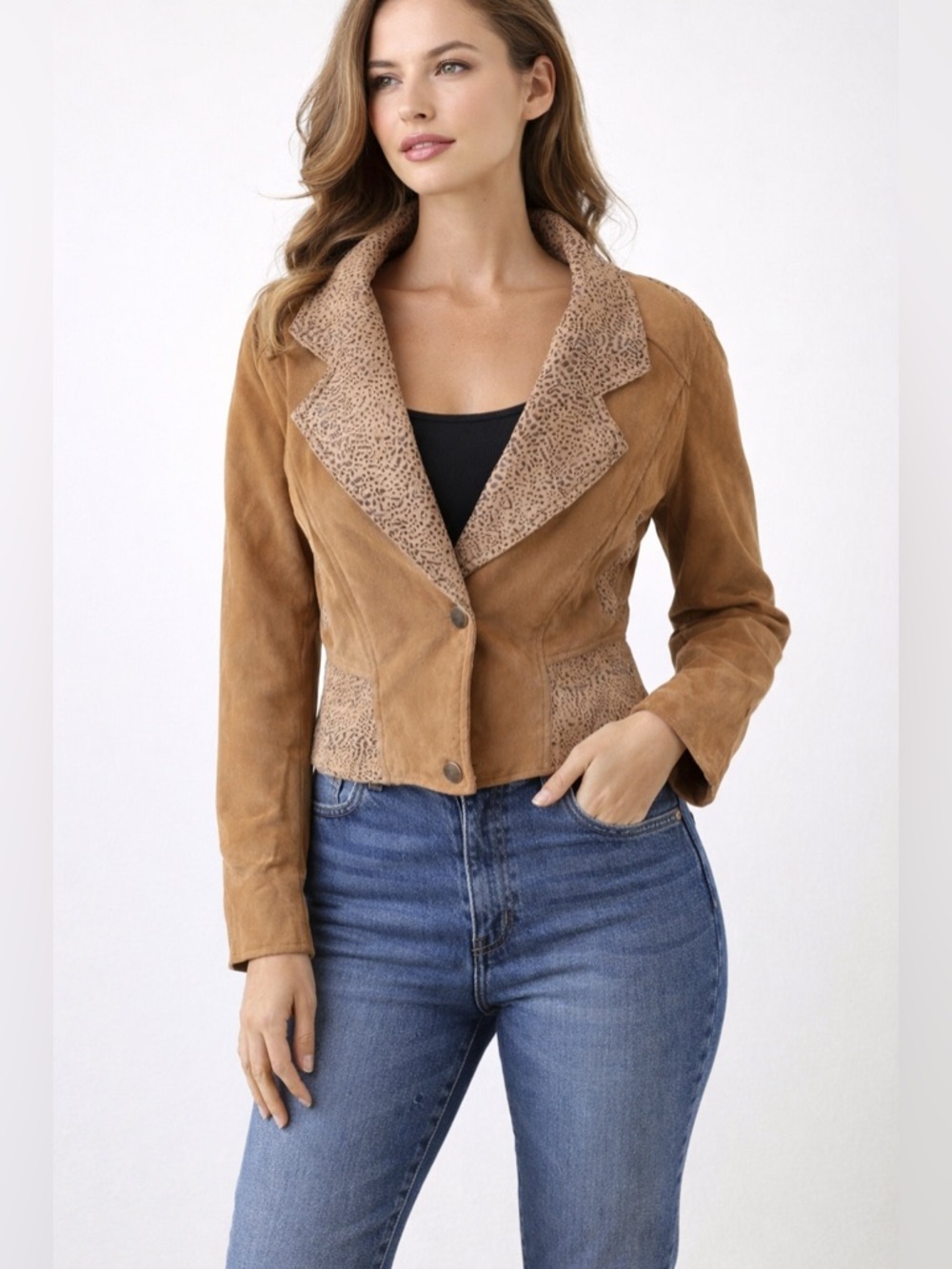 Adler Tan Suede-Look Jacket Leopard Print Trim Tailored Blazer Size M